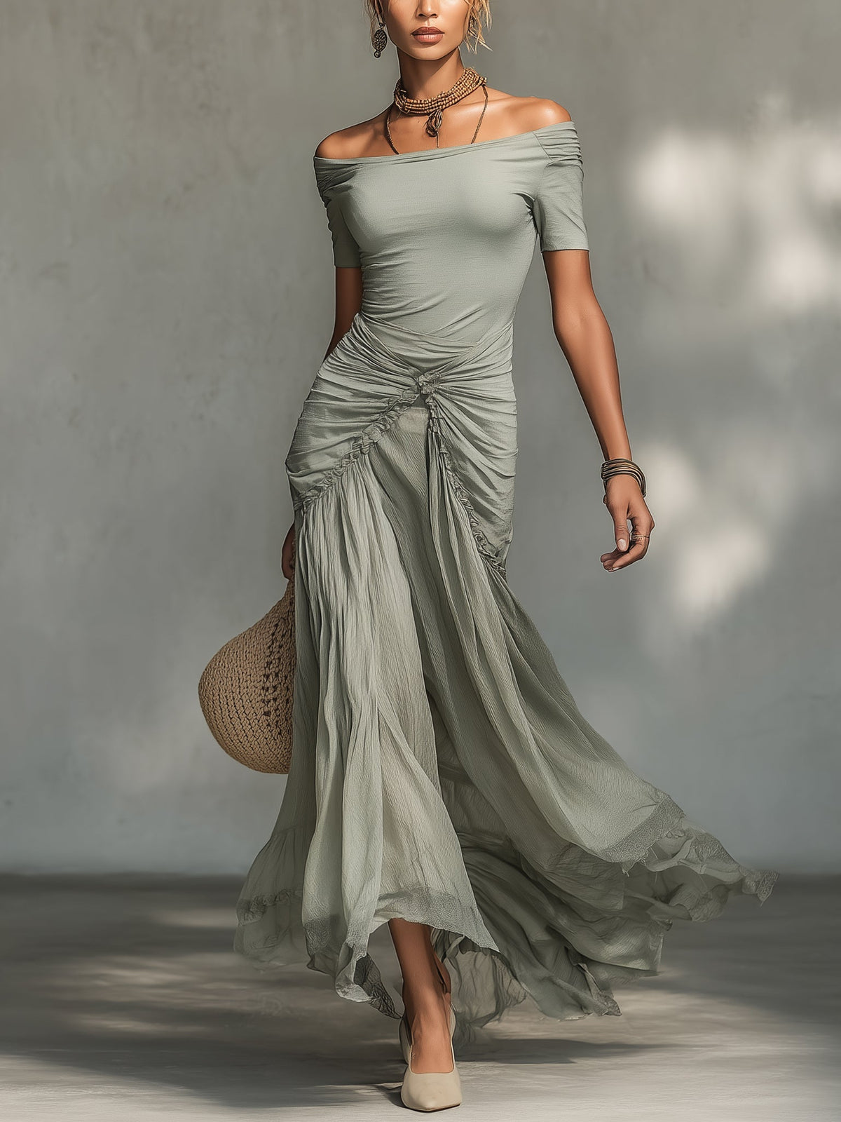 MARLYN · Abito lungo grigio in tessuto elasticizzato e chiffon
