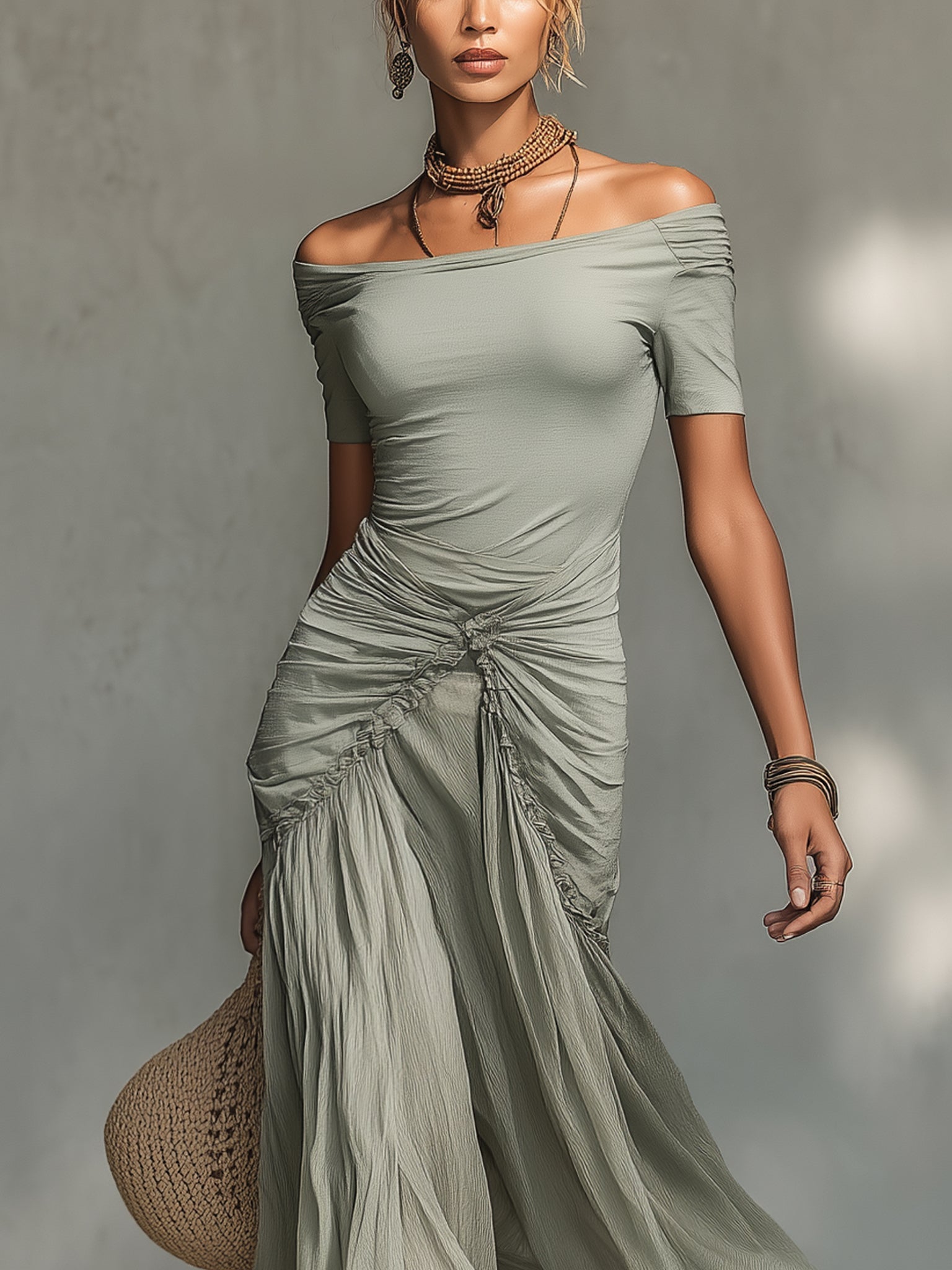 MARLYN · Abito lungo grigio in tessuto elasticizzato e chiffon