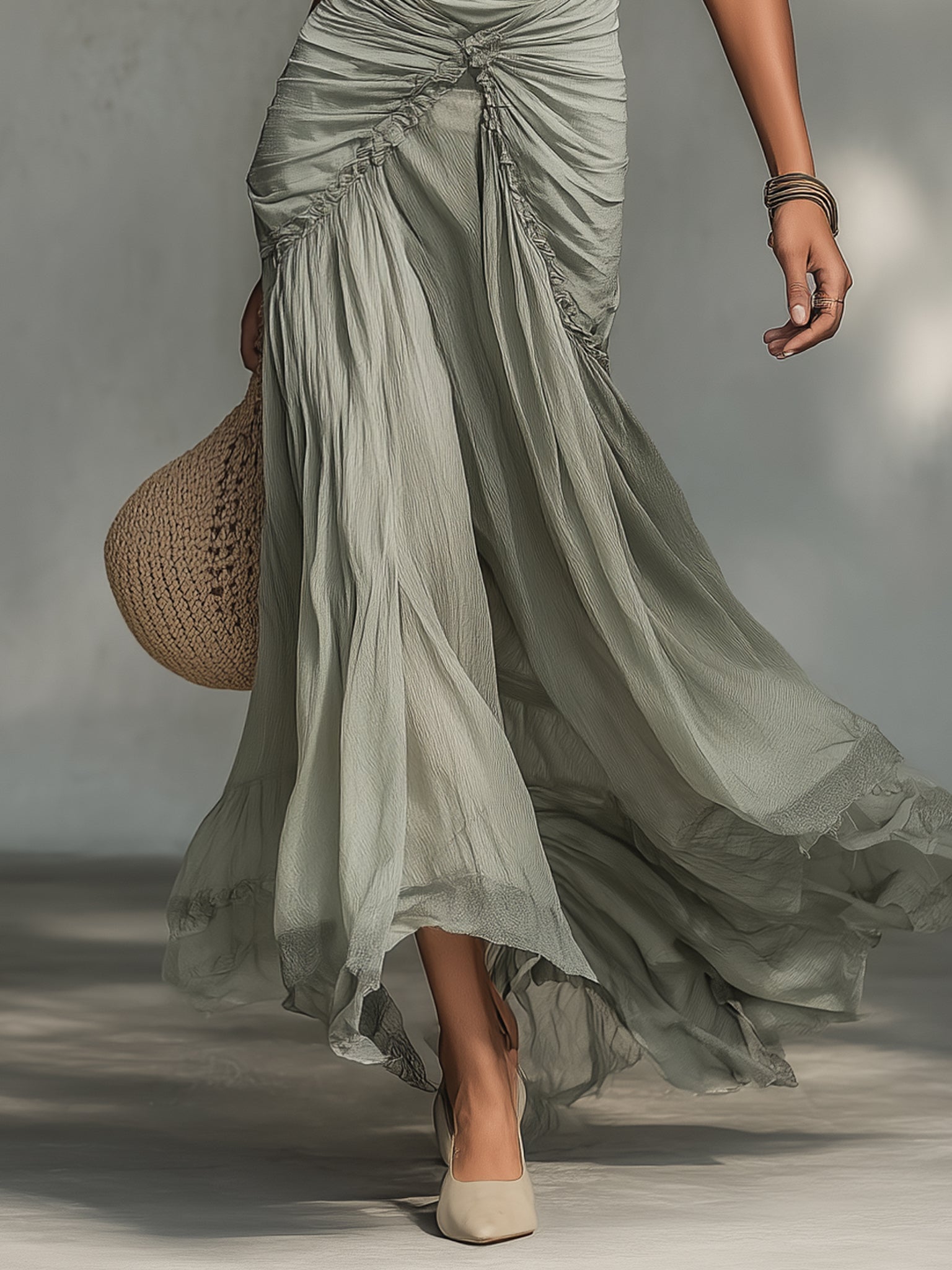 MARLYN · Abito lungo grigio in tessuto elasticizzato e chiffon