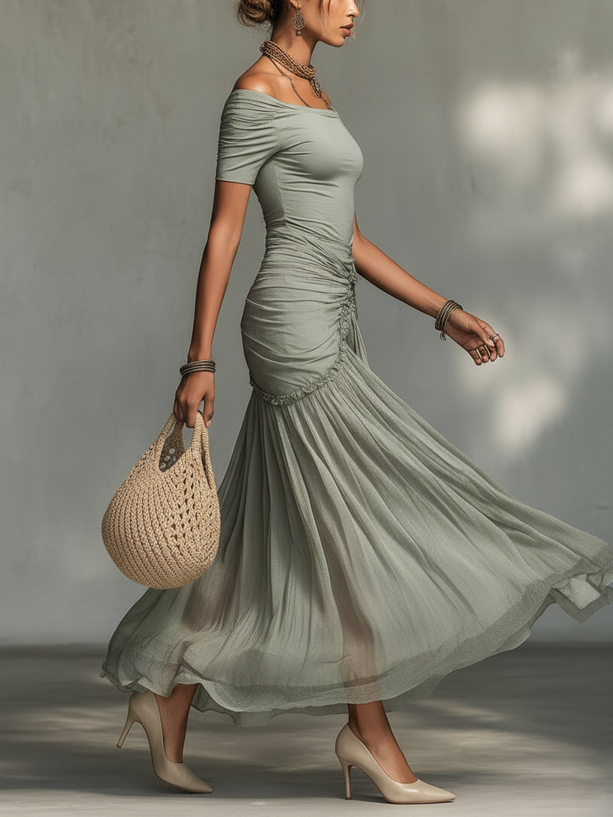 MARLYN · Abito lungo grigio in tessuto elasticizzato e chiffon