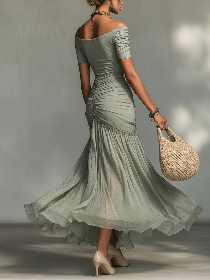 MARLYN · Abito lungo grigio in tessuto elasticizzato e chiffon