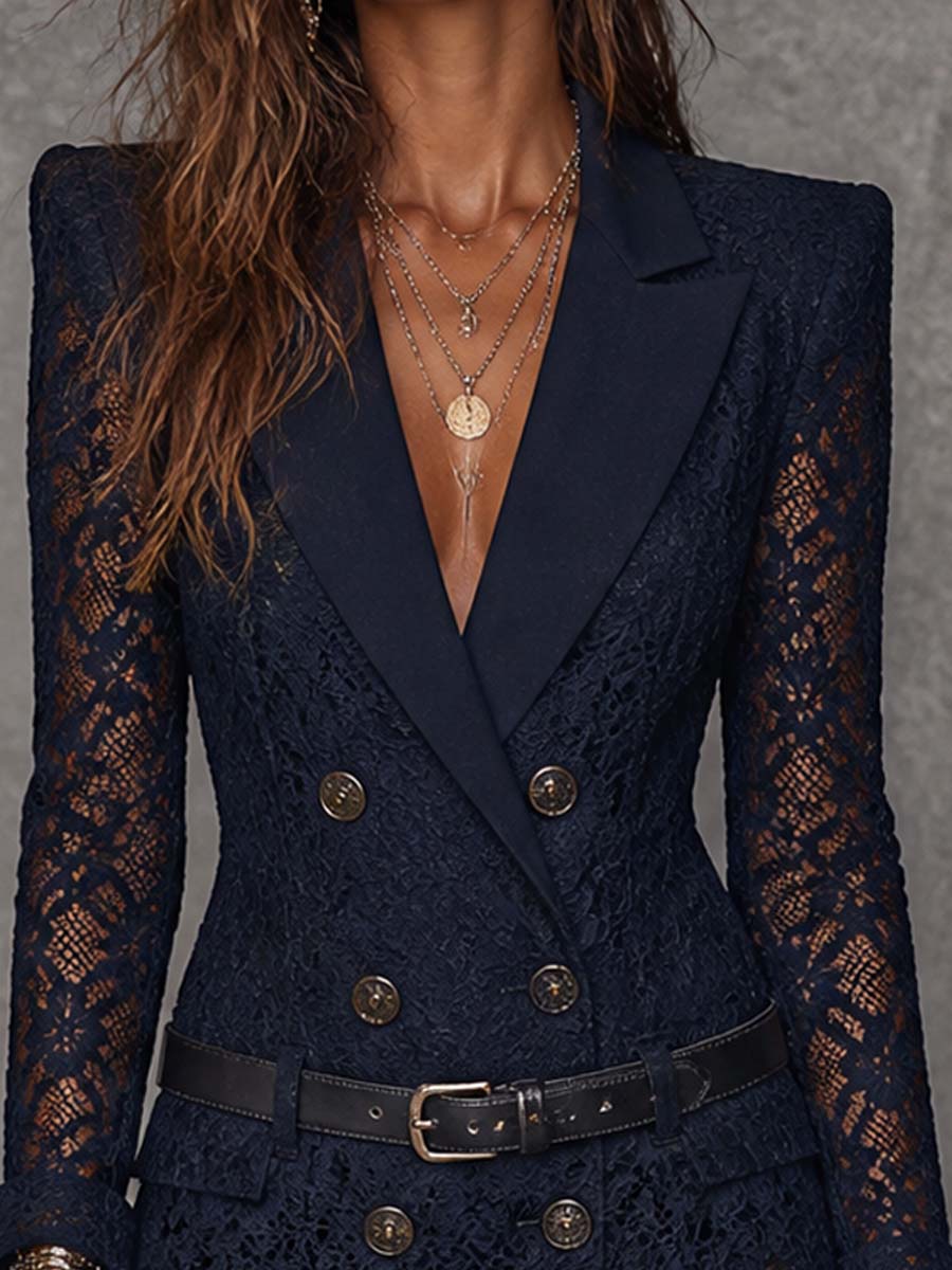 Elena™ | Blazer Miniabito en Pizzo Blu Notte