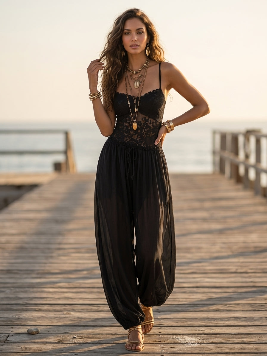 Tuta Harem in Pizzo e Chiffon Nero con Collo all'Americana