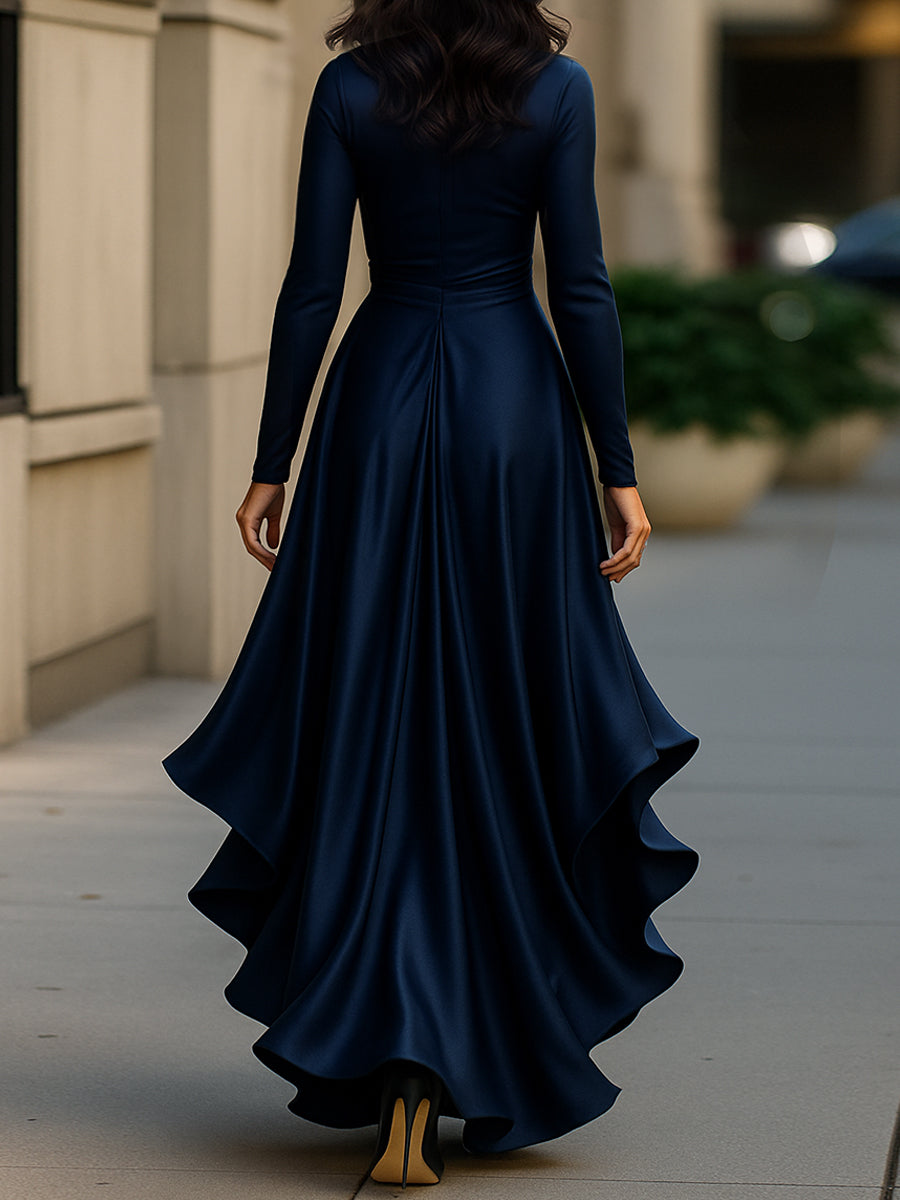 GINEVRA | Abito lungo in raso drappeggiato blu notte