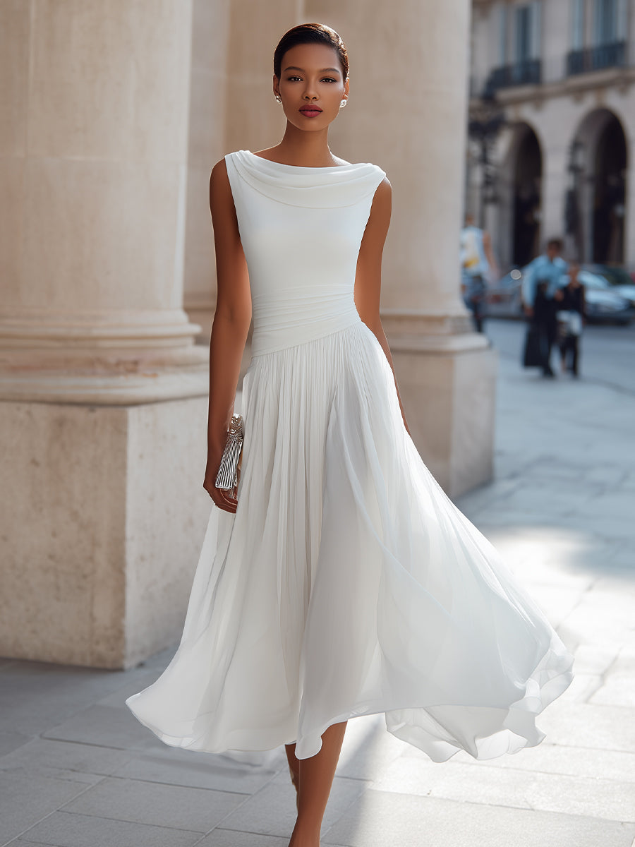 CINTIA · Vestido midi plisado sin mangas con escote drapeado