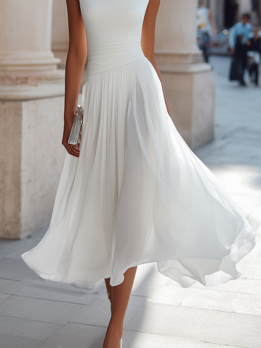 CINTIA · Vestido midi plisado sin mangas con escote drapeado