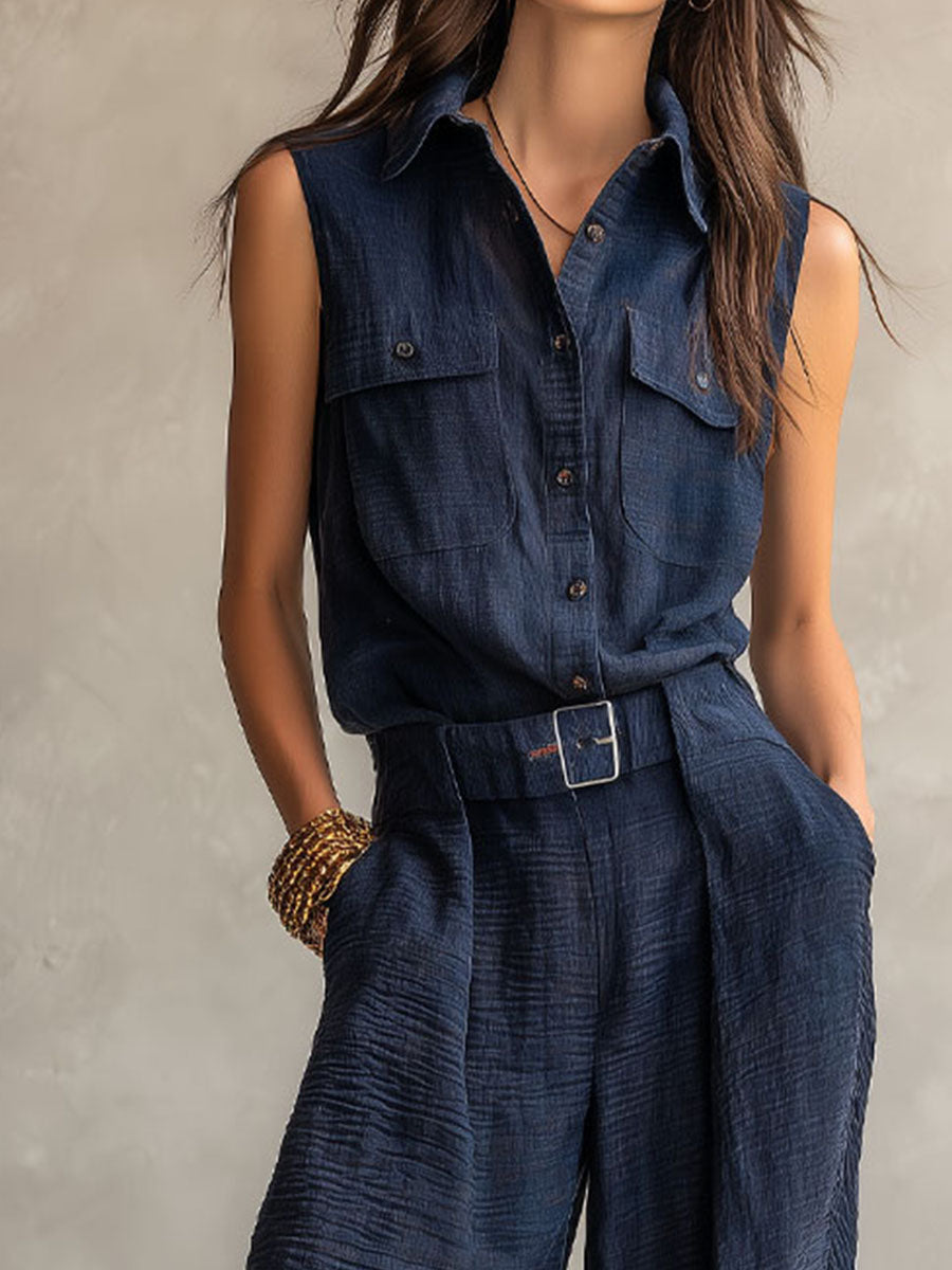 Tuta Utility Boho Senza Maniche con Cintura Grigio Ardesia