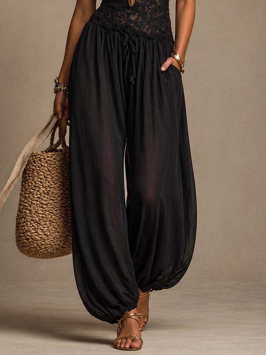 Tuta Harem in Pizzo e Chiffon Nero con Collo all'Americana