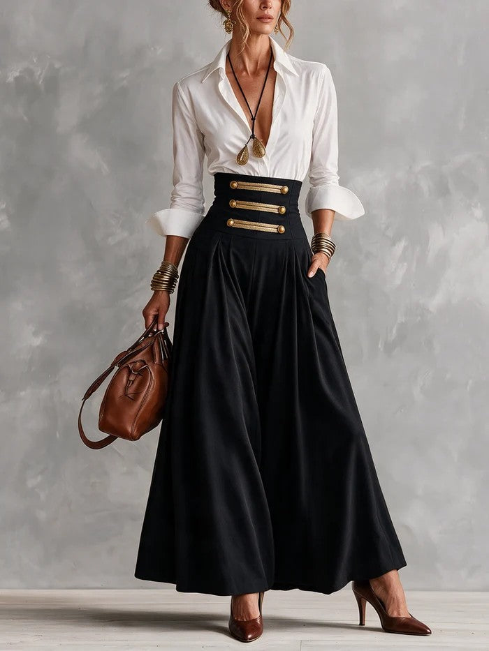 Juliette| Completo Due Pezzi con Camicia Bianca e Gonna a Vita Alta con Bottoni Dorati