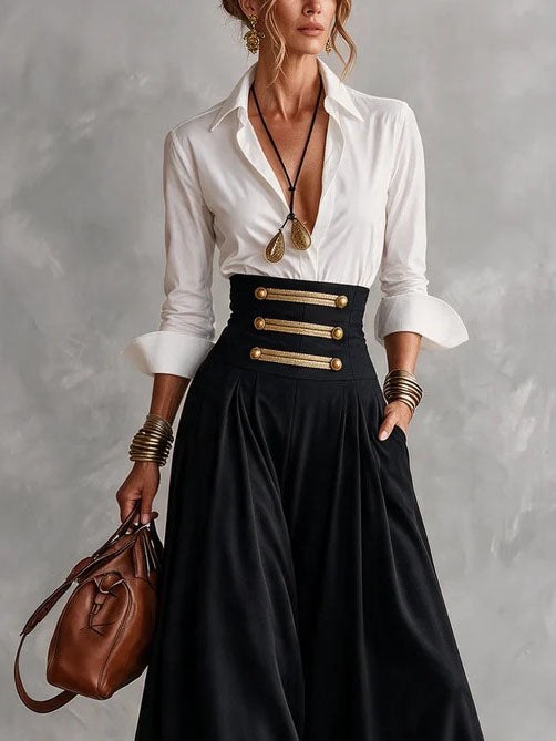 Juliette| Completo Due Pezzi con Camicia Bianca e Gonna a Vita Alta con Bottoni Dorati