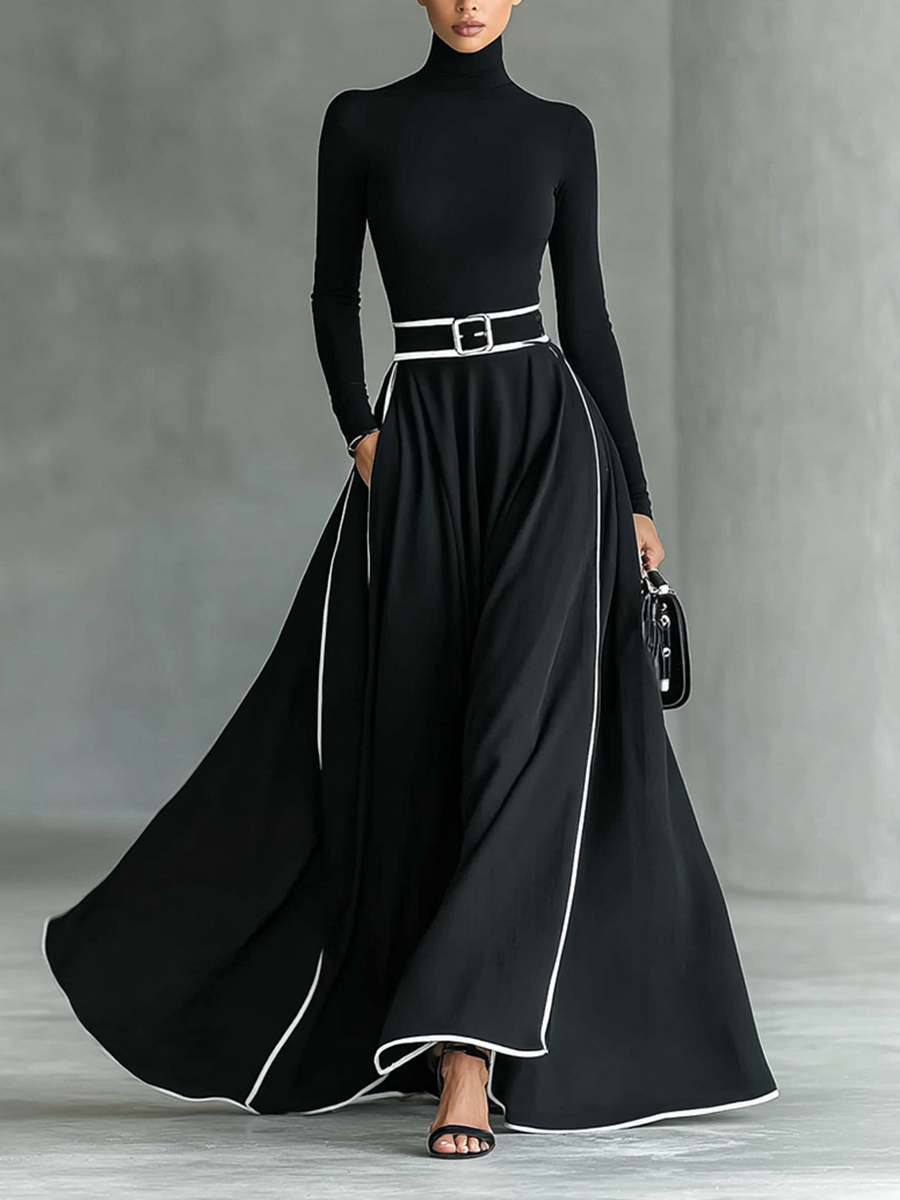 MARTINA | ABITO MAXI NERO CON CUCITURE BIANCHE E COLLO ALTO