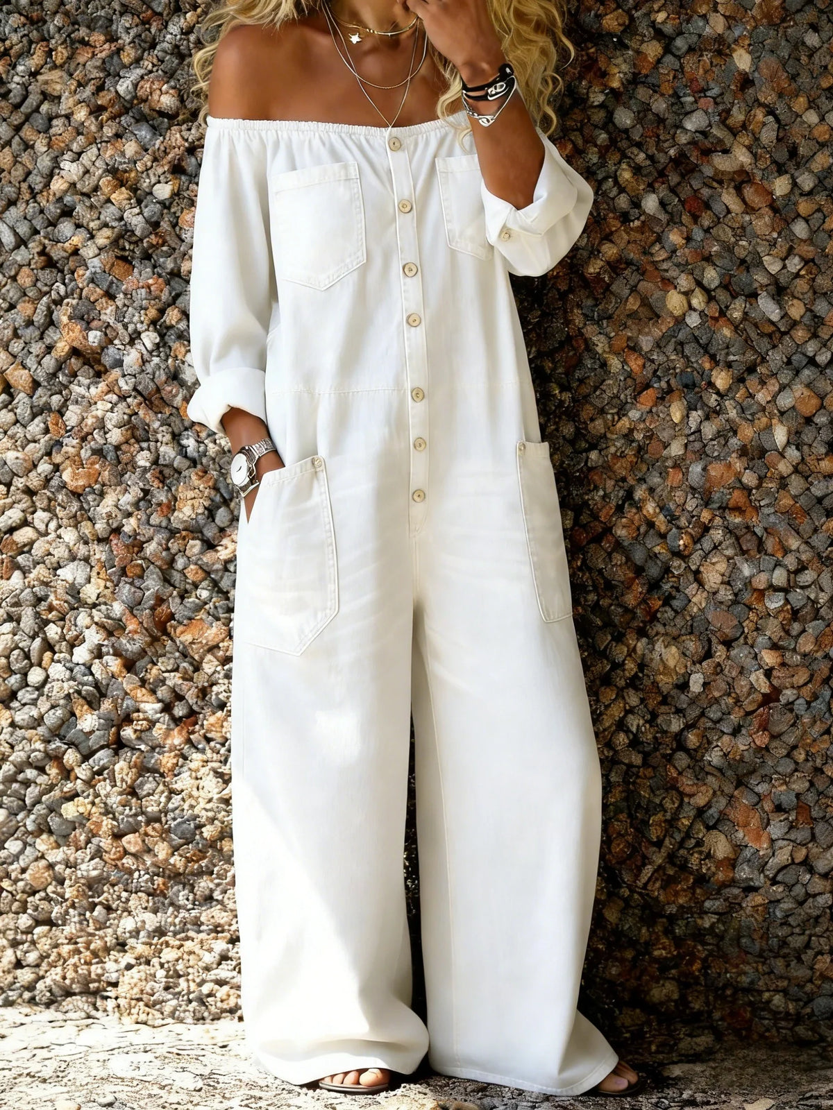 Noa | Mono de denim con escote de hombro descubierto