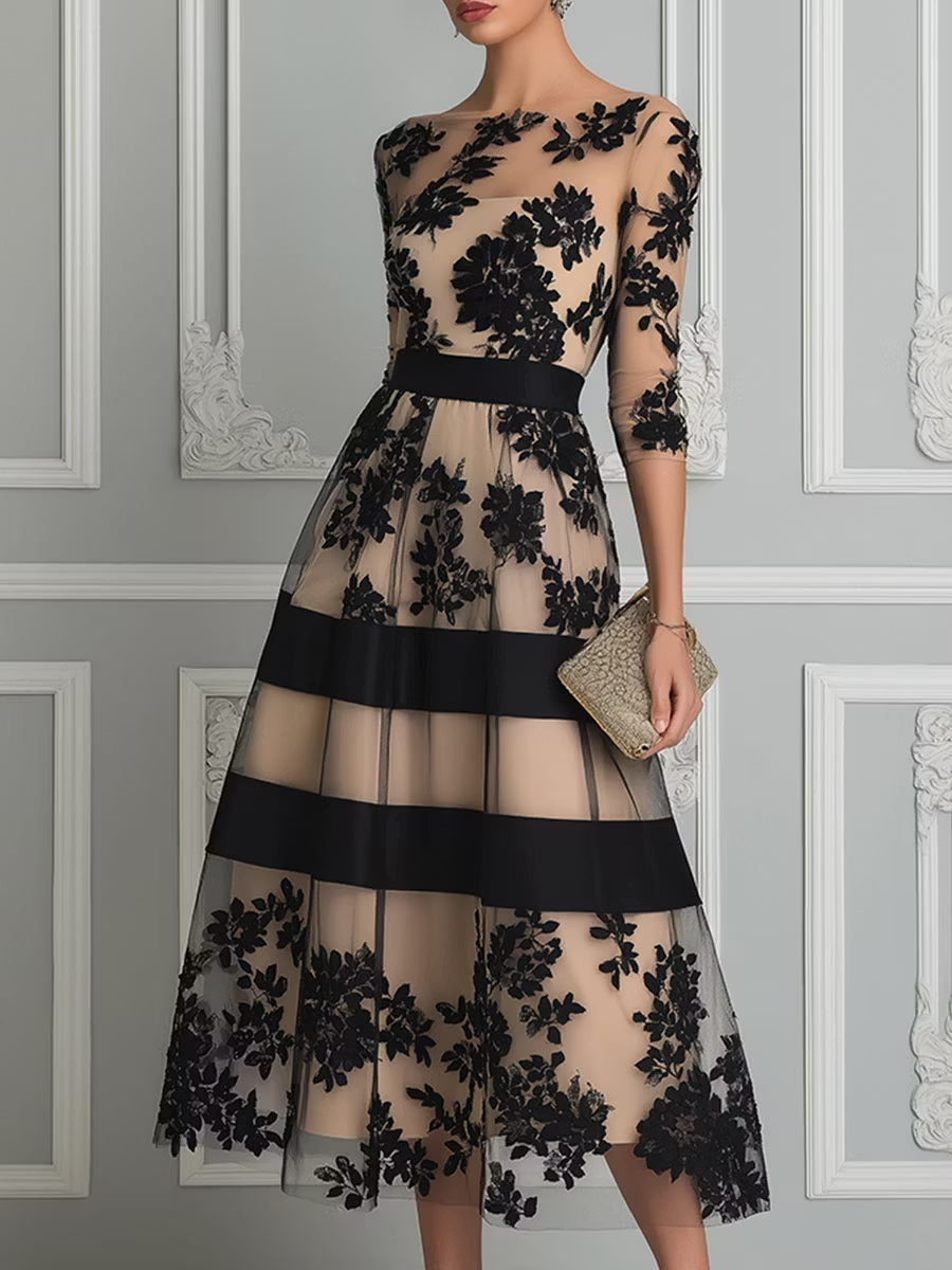 Maria | Abito Midi A Linea Elegante in Pizzo Nero