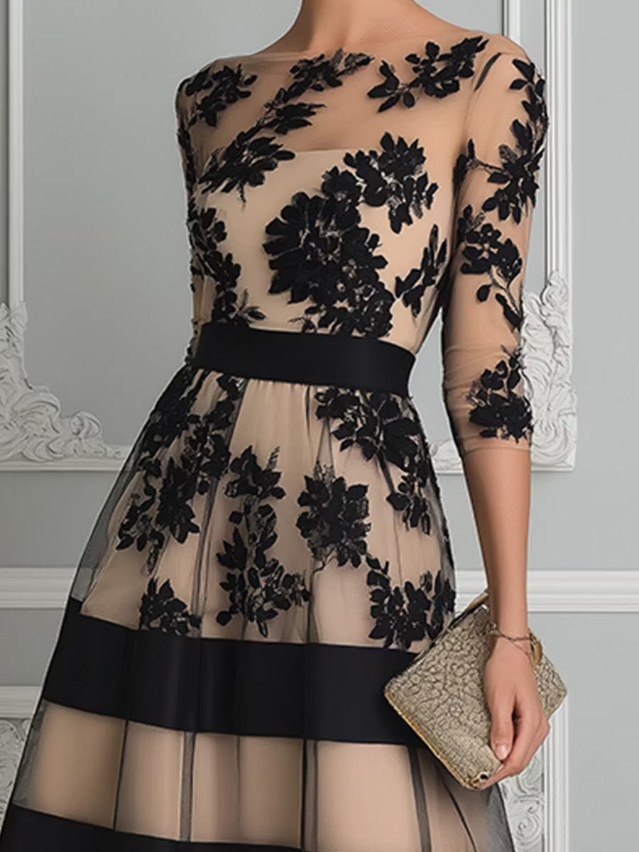 Maria | Abito Midi A Linea Elegante in Pizzo Nero