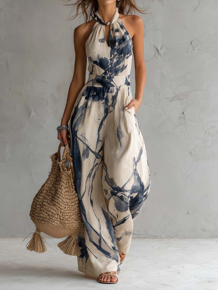 Tuta a Gamba Larga con Scollo all'Americana e Stampa Effetto Inchiostro Sfumato con Tasche
