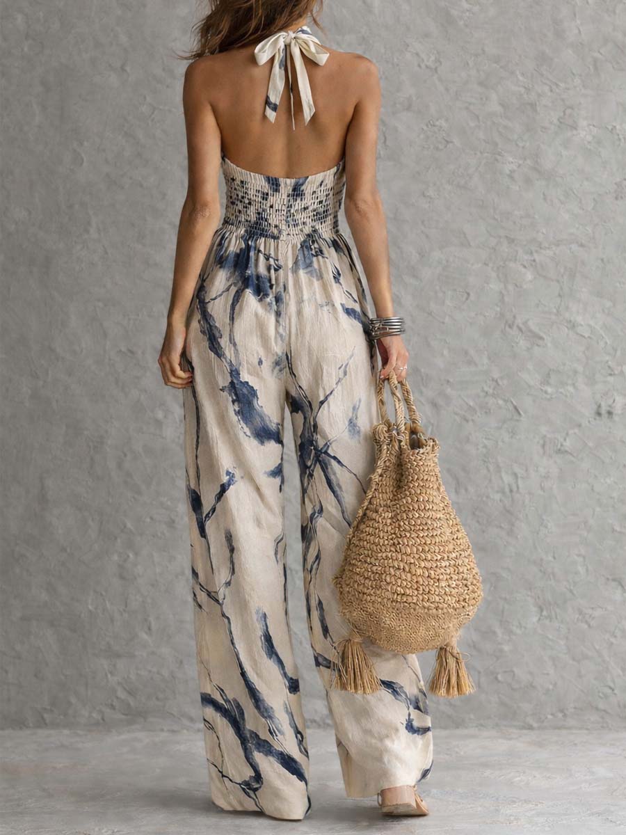 Tuta a Gamba Larga con Scollo all'Americana e Stampa Effetto Inchiostro Sfumato con Tasche