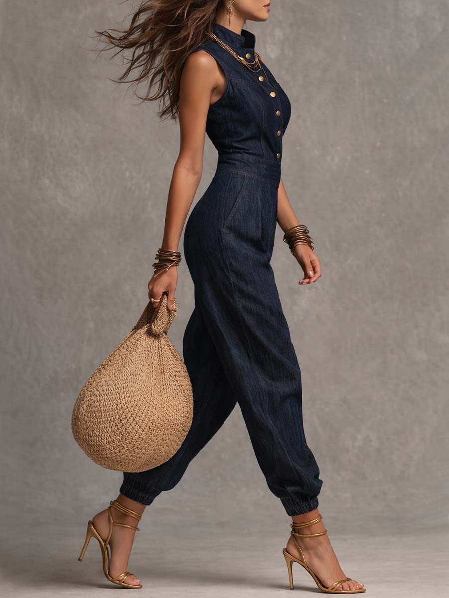 Tuta Senza Maniche in Denim Tencel dallo Stile Retrò