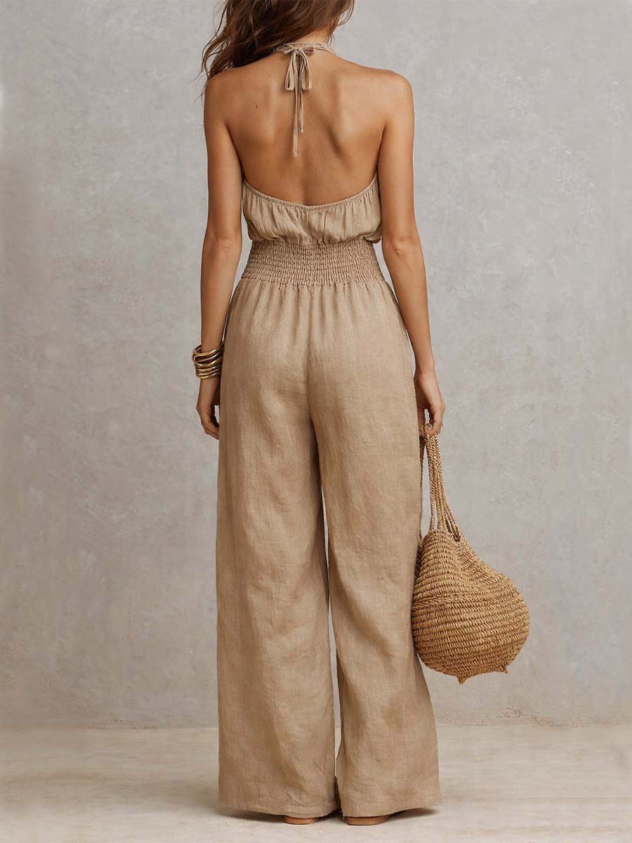 Tuta Palazzo in Cotone e Lino Color Cammello con Scollo all'Americana e Vita Arricciata
