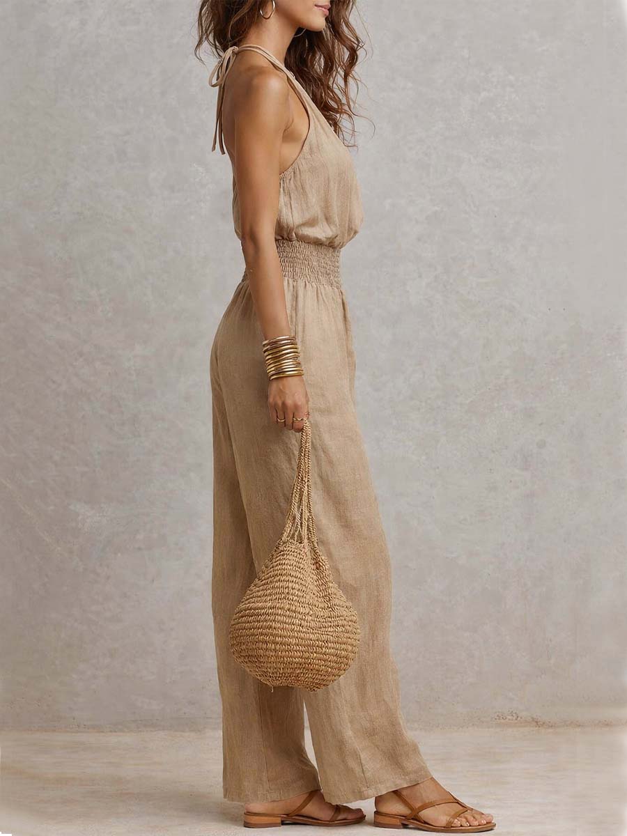 Tuta Palazzo in Cotone e Lino Color Cammello con Scollo all'Americana e Vita Arricciata