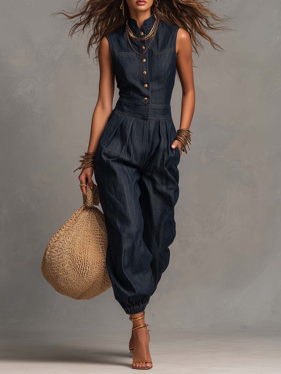 Tuta Senza Maniche in Denim Tencel dallo Stile Retrò