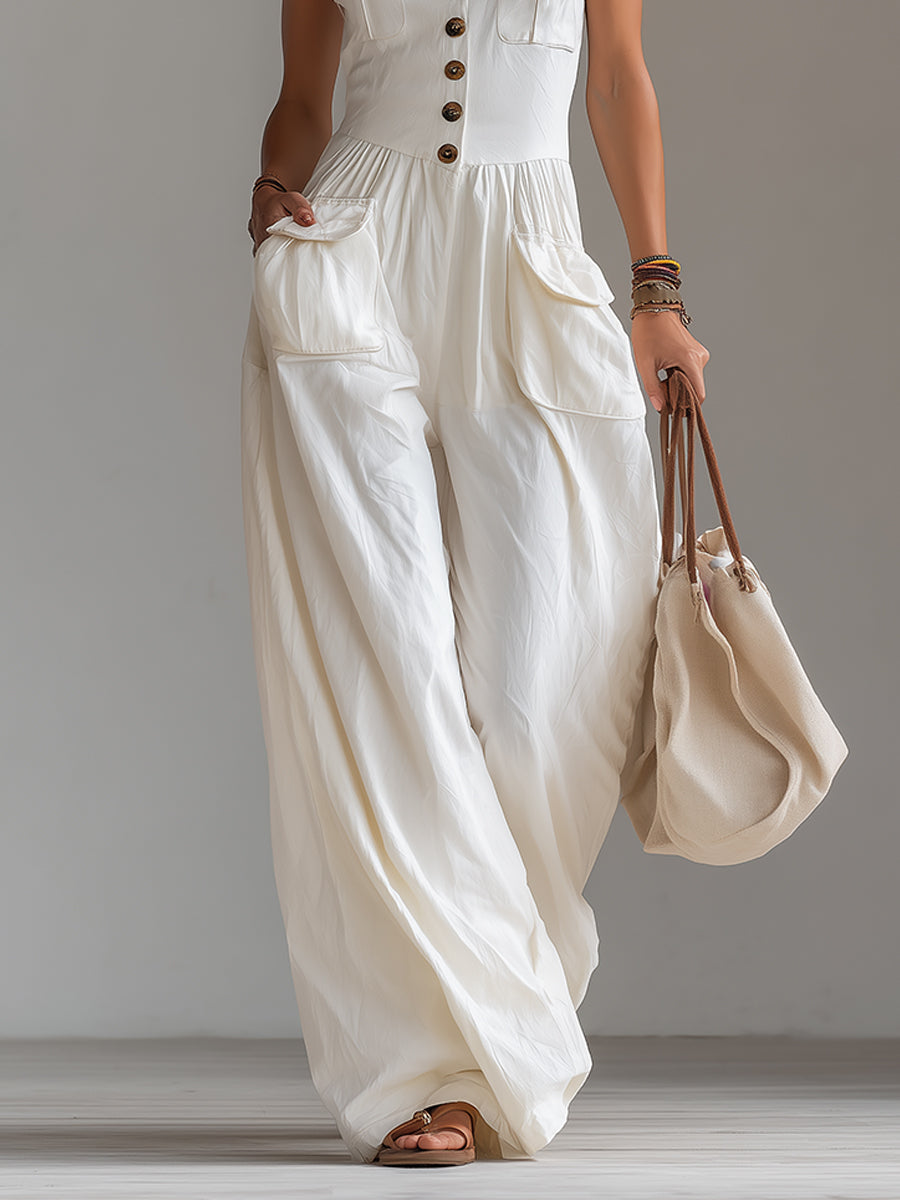 Tuta Palazzo Smanicata con Tasche Applicate