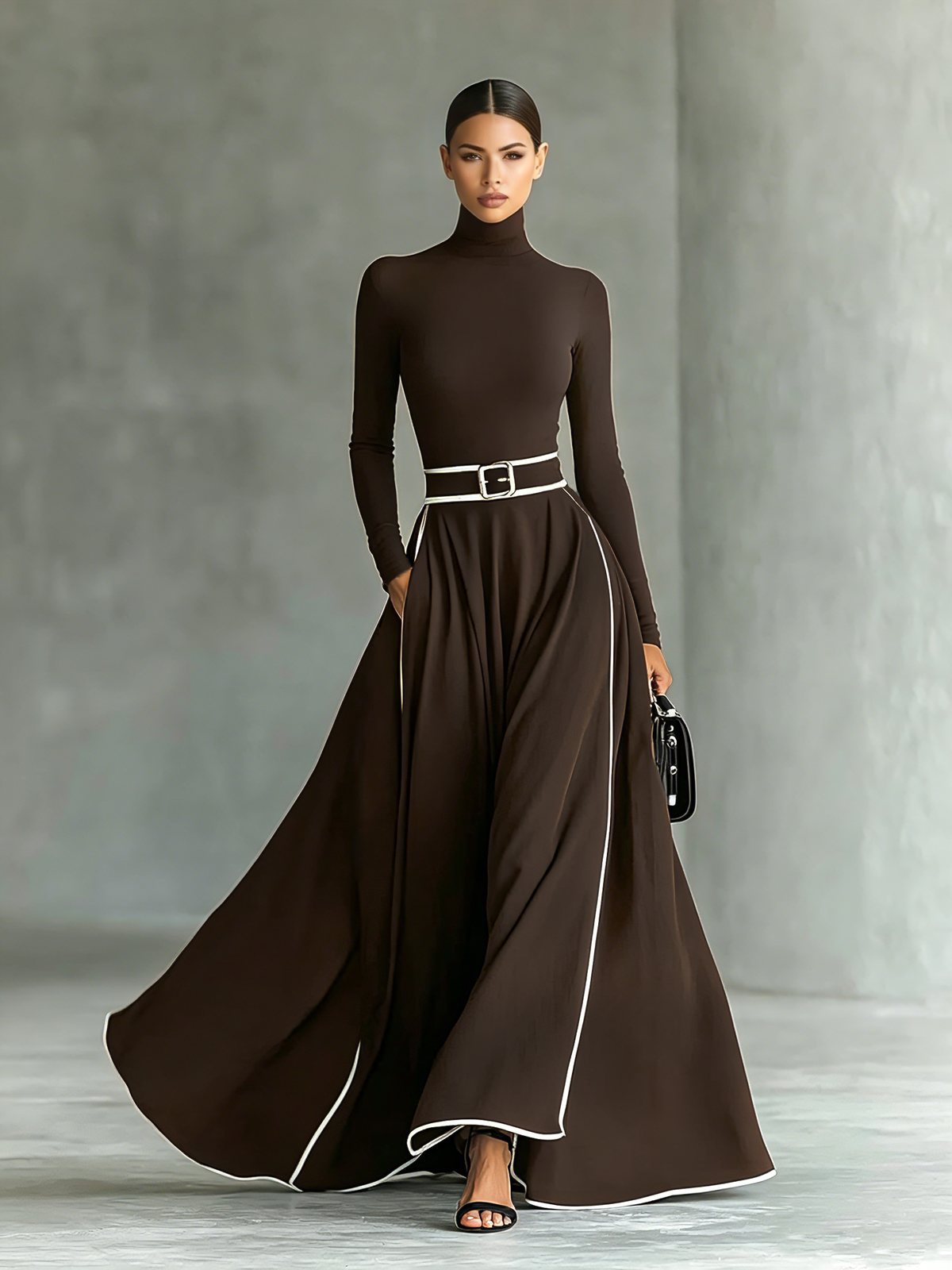 MARTINA | ABITO MAXI NERO CON CUCITURE BIANCHE E COLLO ALTO