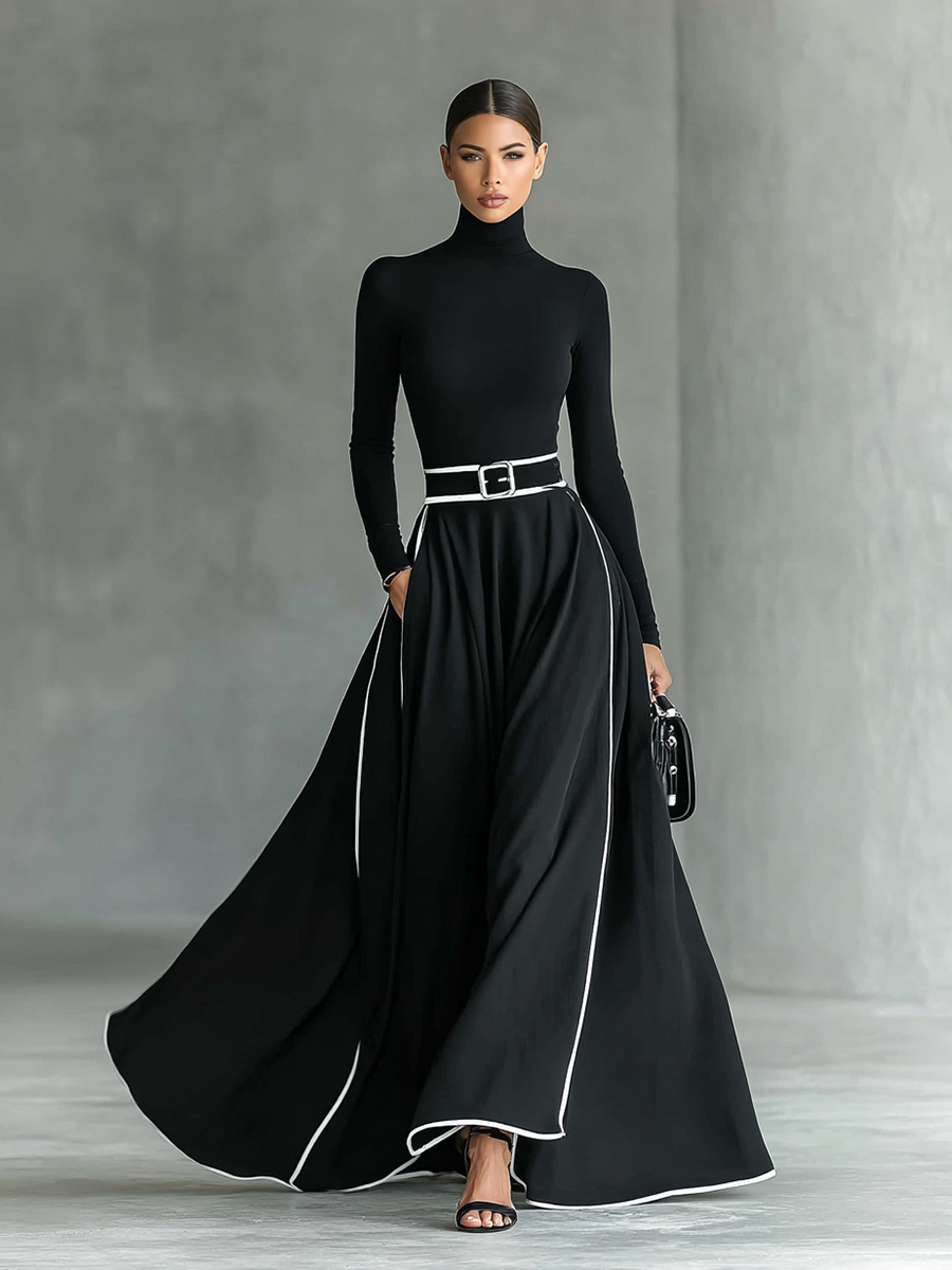 MARTINA | ABITO MAXI NERO CON CUCITURE BIANCHE E COLLO ALTO