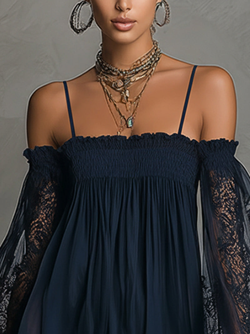 Aurora | Abito corto in mussola blu navy con spalle scoperte e rifiniture in pizzo