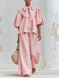Beatrice™ | Completo Bohémien Rosa Cipria in Misto Lino con Scollo a Fiocco e Pantaloni a Gamba Larga