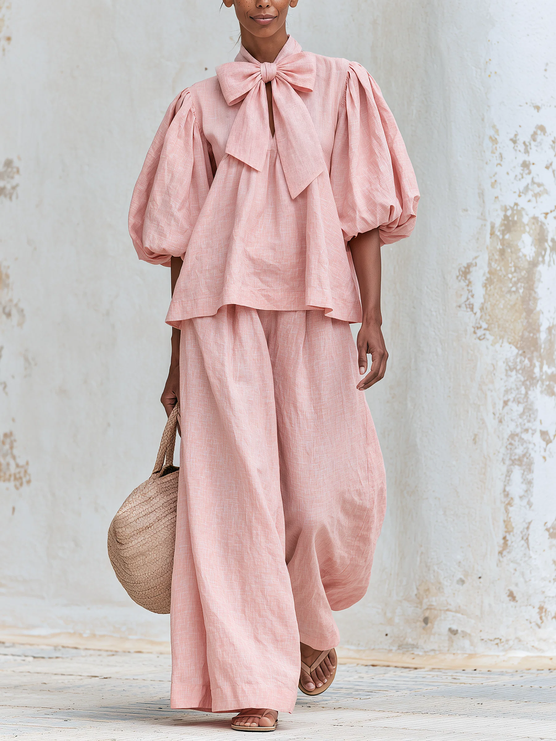 Beatrice™ | Completo Bohémien Rosa Cipria in Misto Lino con Scollo a Fiocco e Pantaloni a Gamba Larga