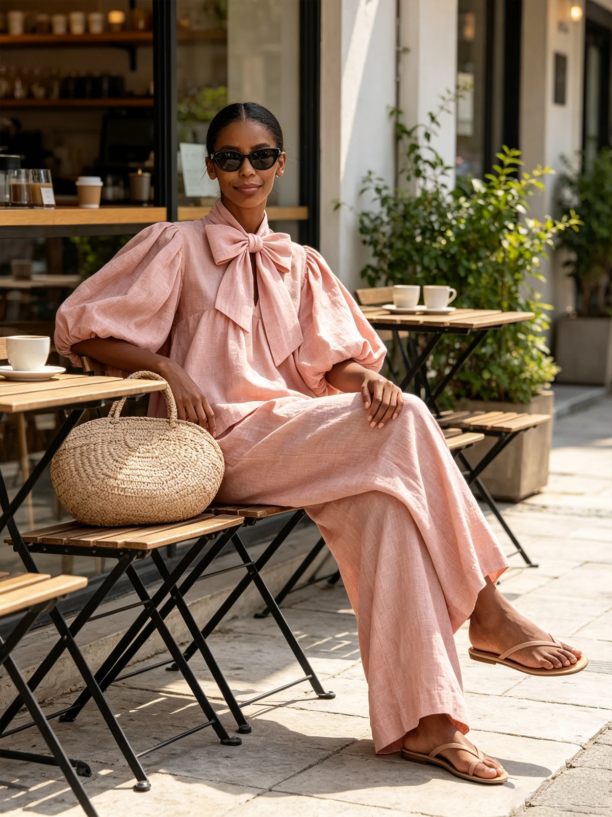 Beatrice™ | Completo Bohémien Rosa Cipria in Misto Lino con Scollo a Fiocco e Pantaloni a Gamba Larga