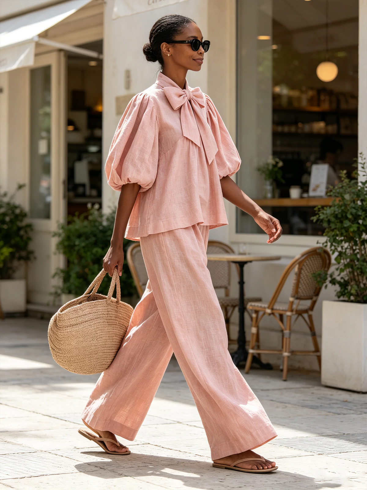 Beatrice™ | Completo Bohémien Rosa Cipria in Misto Lino con Scollo a Fiocco e Pantaloni a Gamba Larga