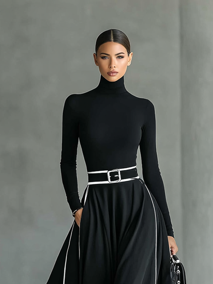 MARTINA | ABITO MAXI NERO CON CUCITURE BIANCHE E COLLO ALTO