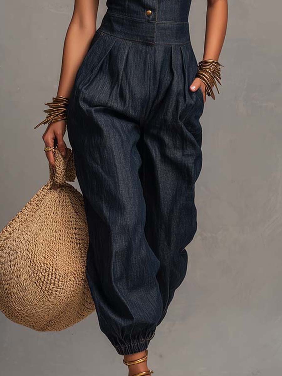 Tuta Senza Maniche in Denim Tencel dallo Stile Retrò