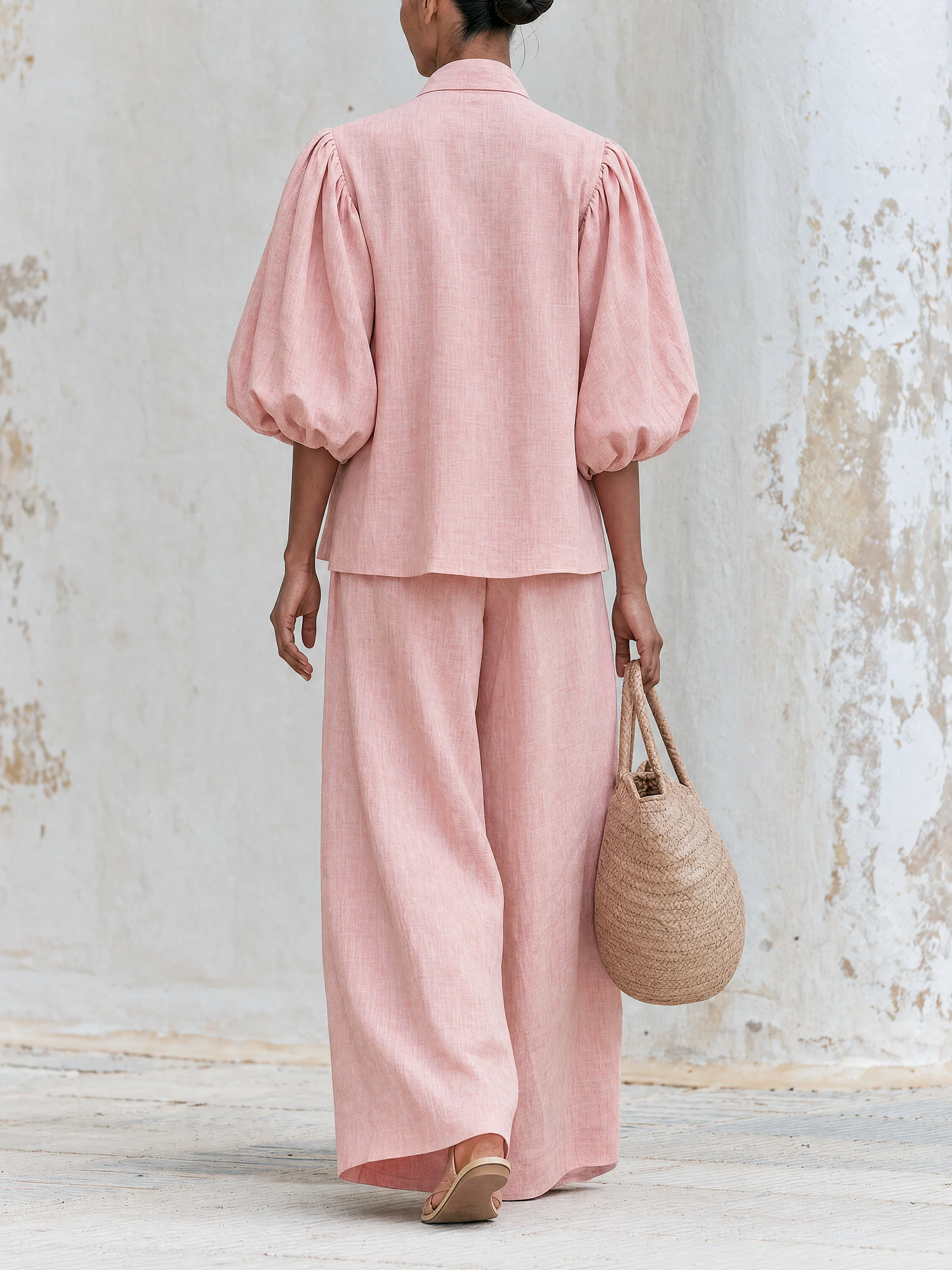 Beatrice™ | Completo Bohémien Rosa Cipria in Misto Lino con Scollo a Fiocco e Pantaloni a Gamba Larga