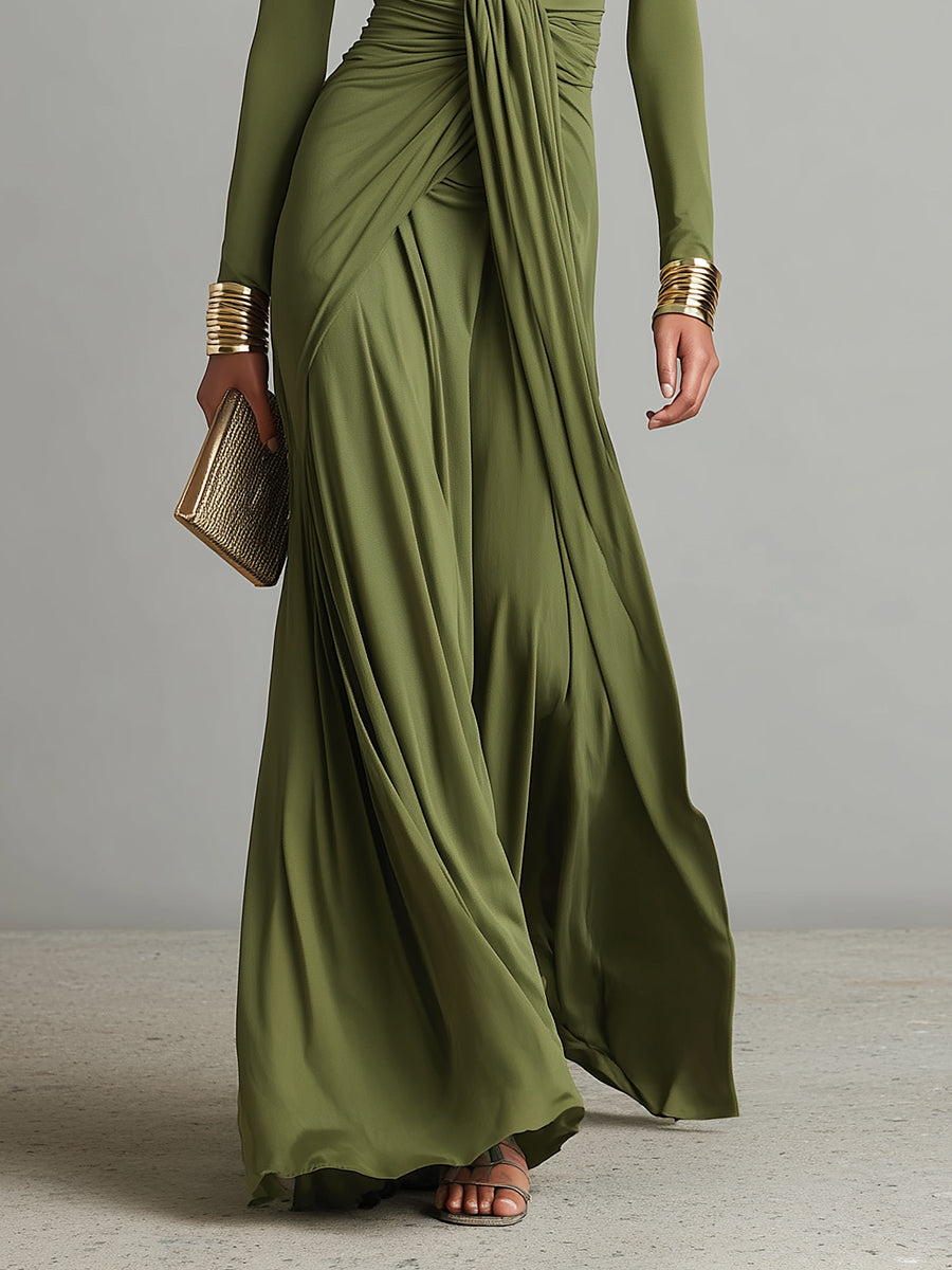Sofía | Abito lungo in seta verde oliva con scollo a V e dettagli arricciati