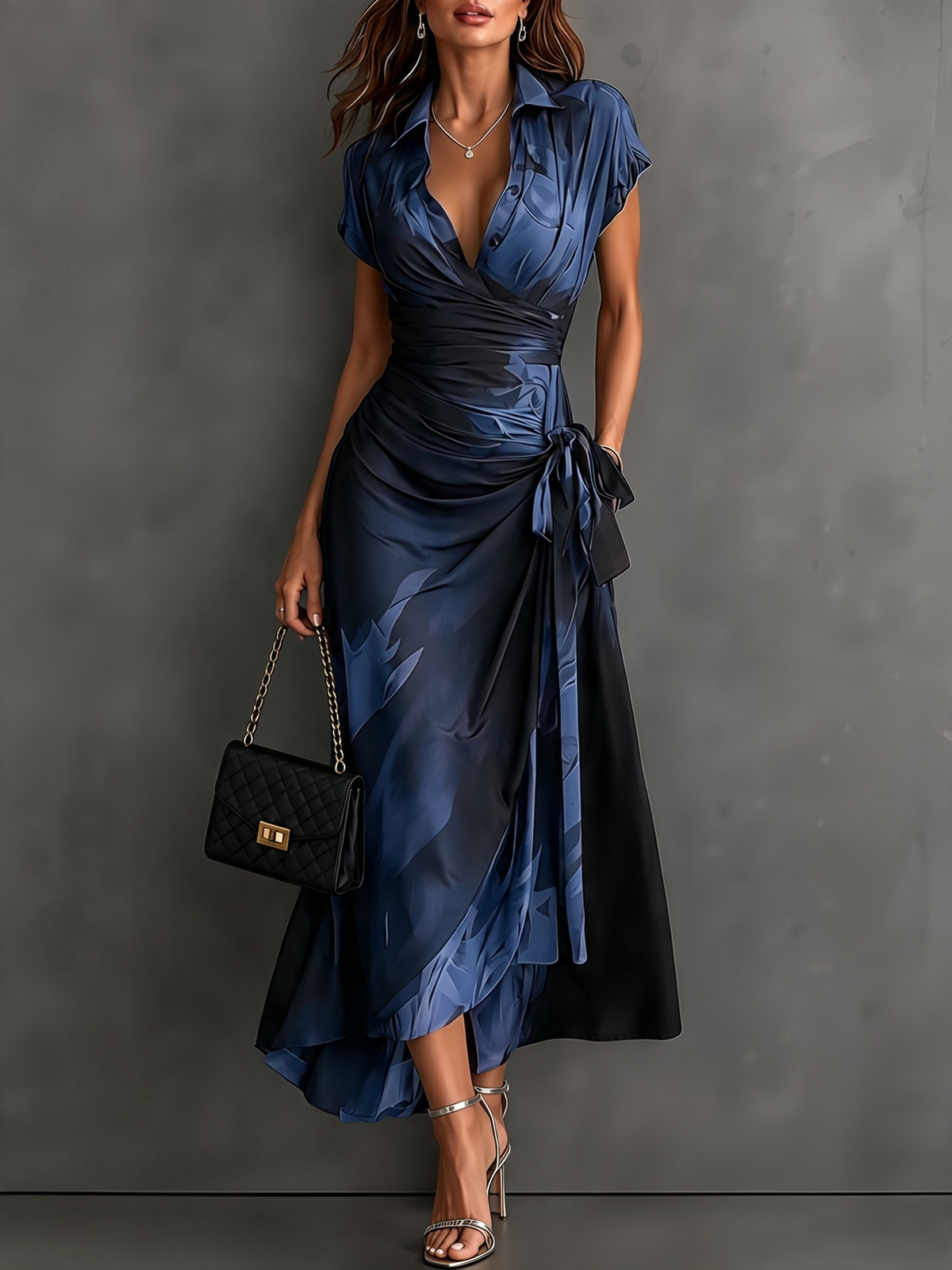 Valeria | abito midi aderente con stampa astratta e scollo a V