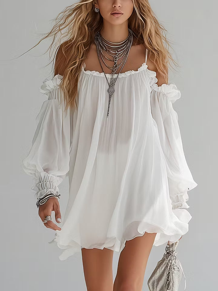 Chiara | Miniabito boho fluido con spalle scoperte