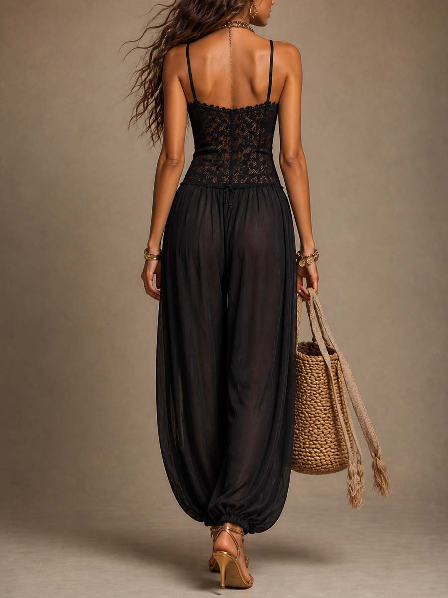 Tuta Harem in Pizzo e Chiffon Nero con Collo all'Americana