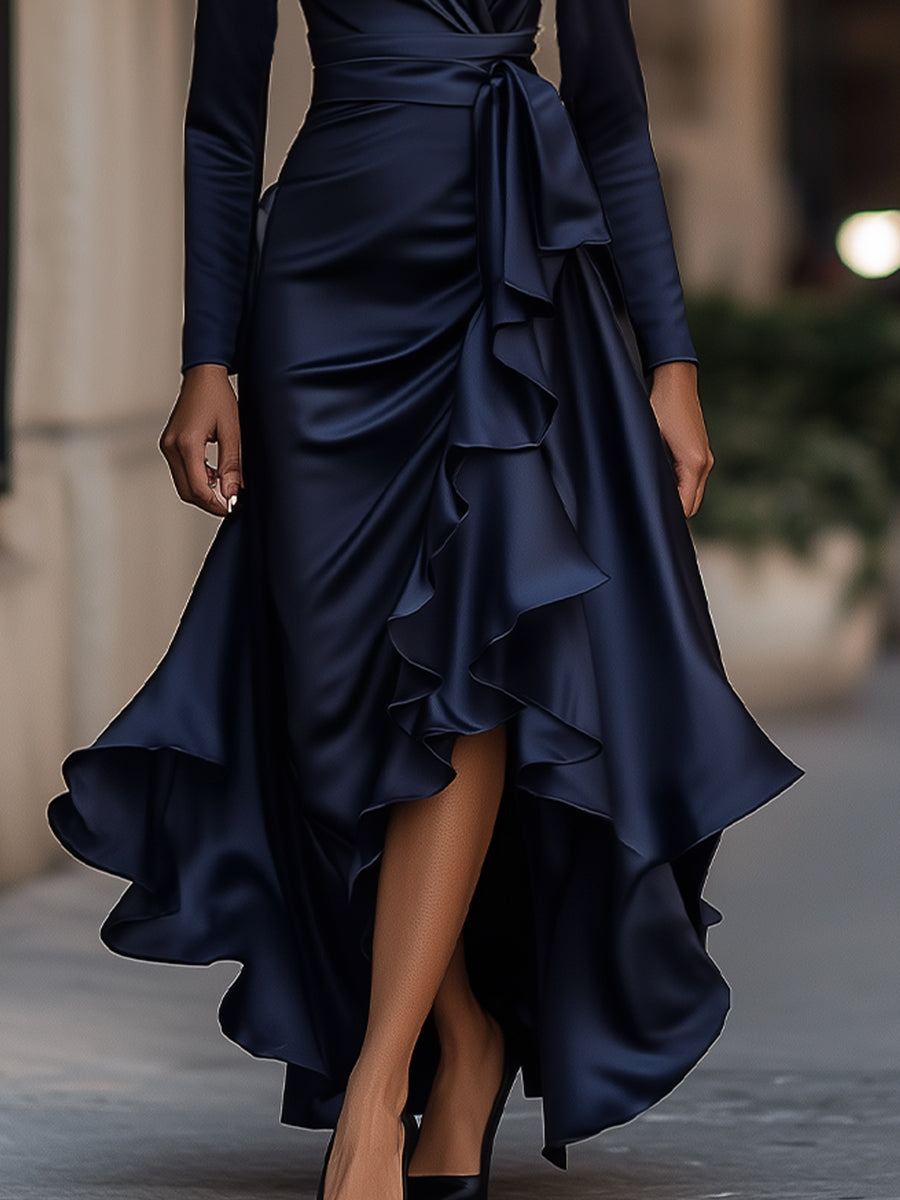GINEVRA | Abito lungo in raso drappeggiato blu notte