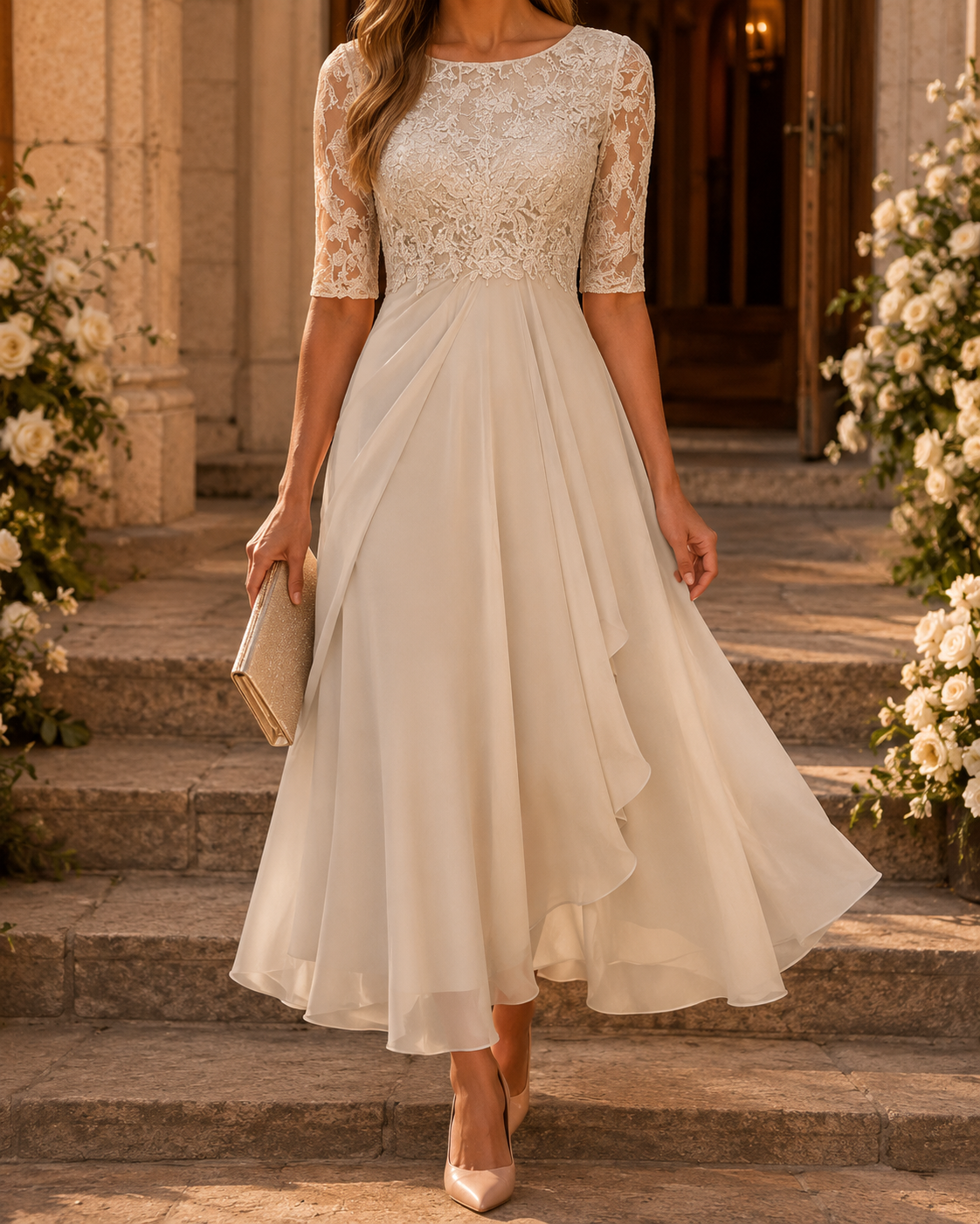 Rosa – Il Vestito Midi in Pizzo Flattering