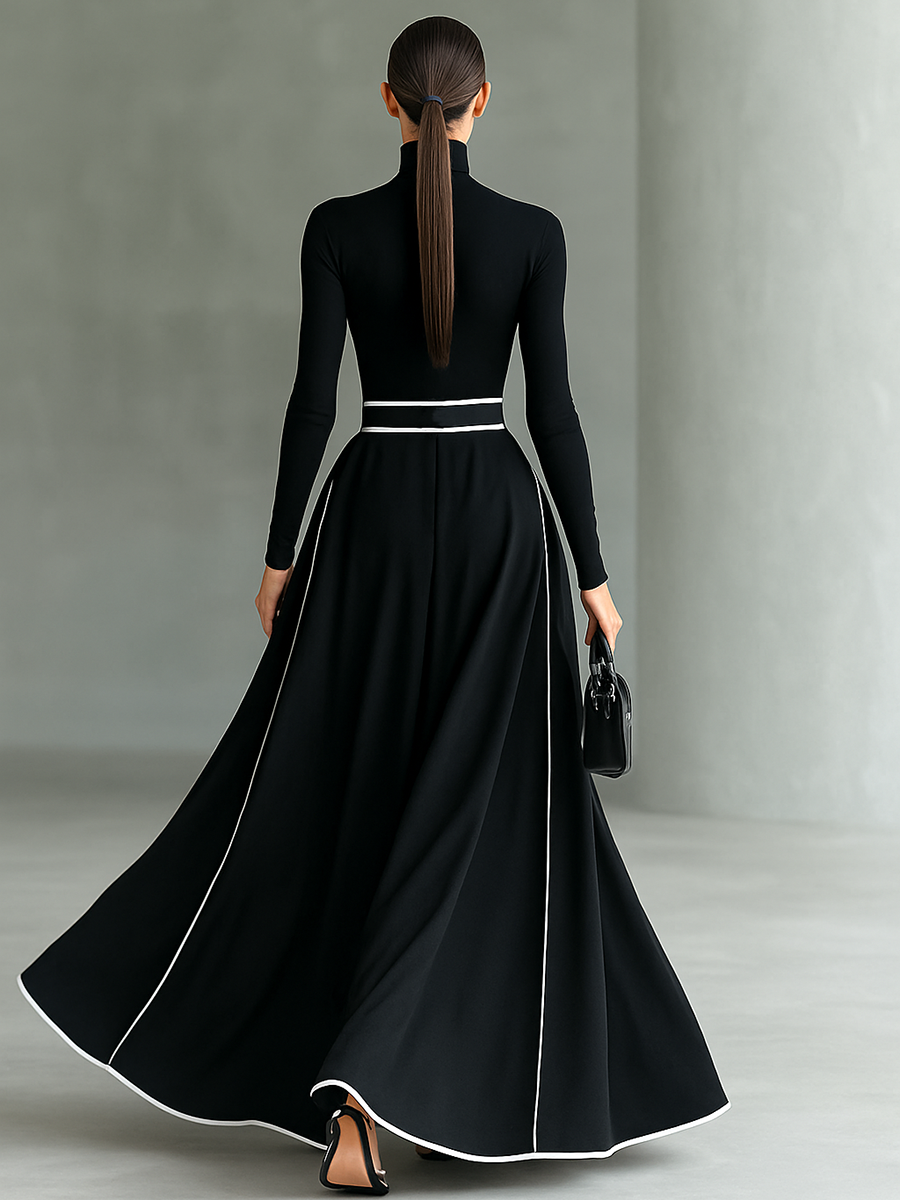 MARTINA | ABITO MAXI NERO CON CUCITURE BIANCHE E COLLO ALTO