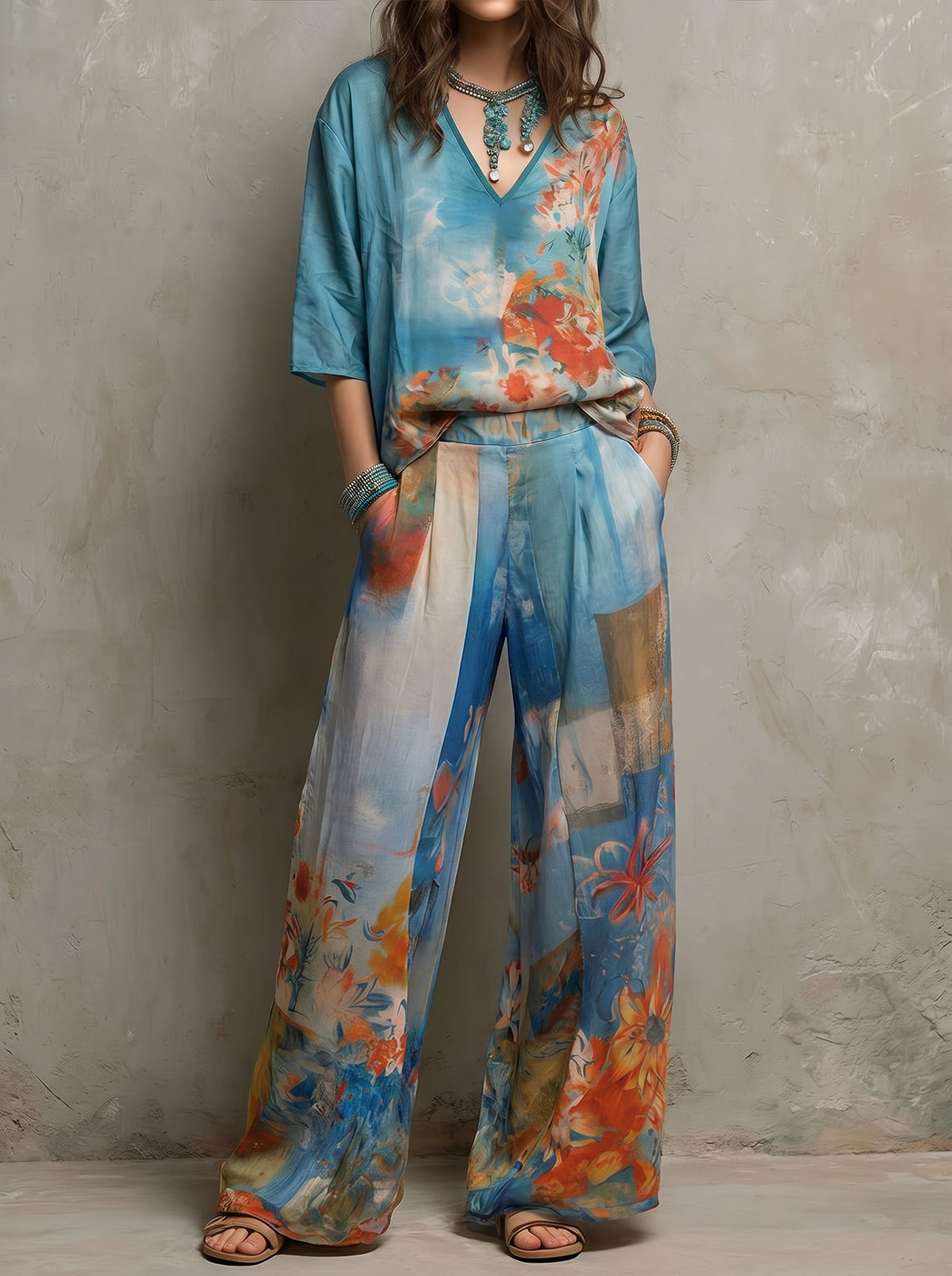 CLARA | Completo elegante stampato floreale con pantalone ampio
