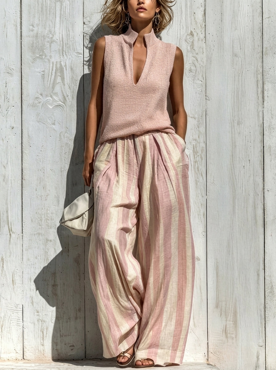 Sofía | Completo Elegante en Tessuto Fluido: Top y Pantaloni Palazzo a Righe