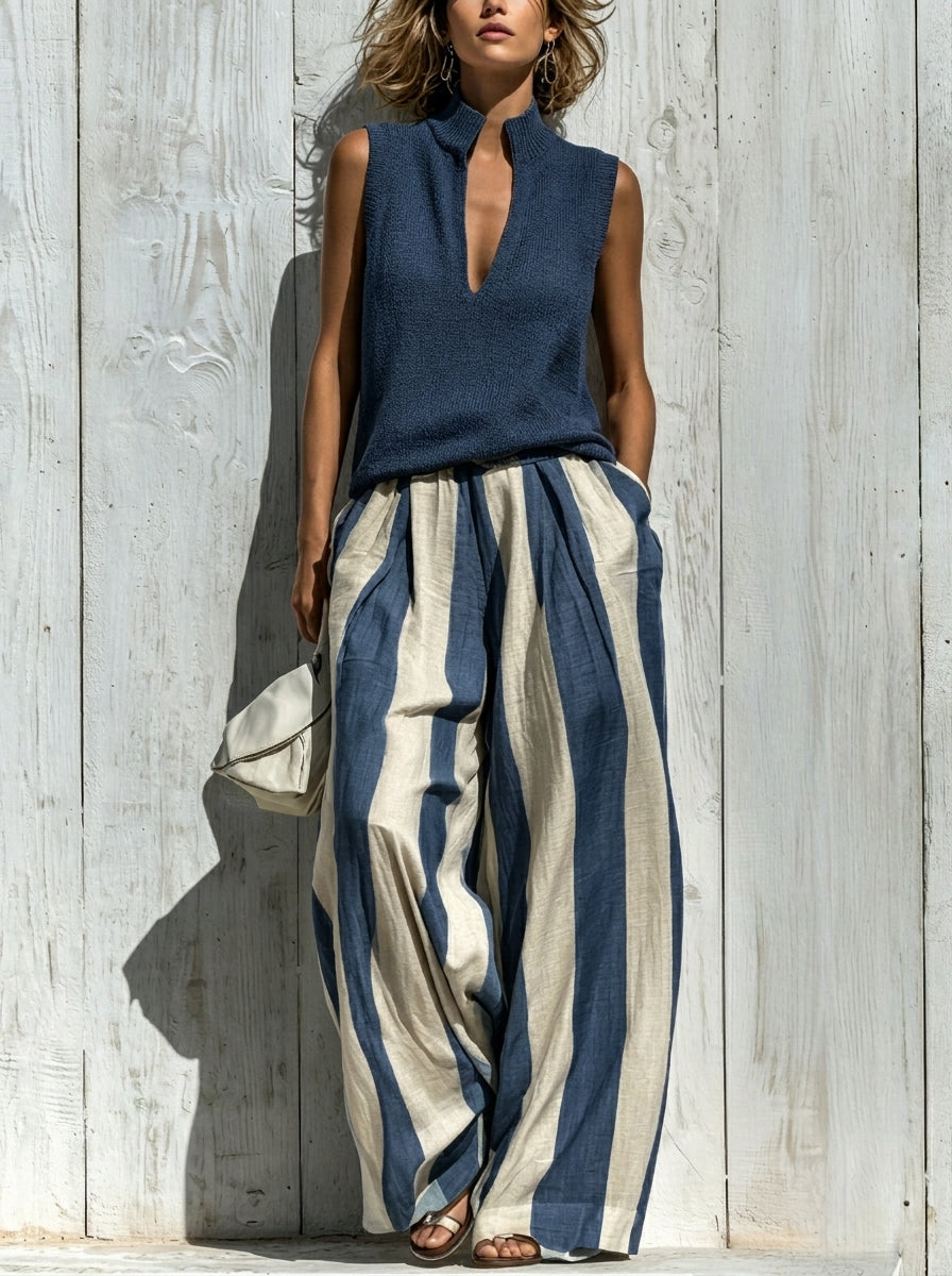Sofía | Completo Elegante en Tessuto Fluido: Top y Pantaloni Palazzo a Righe