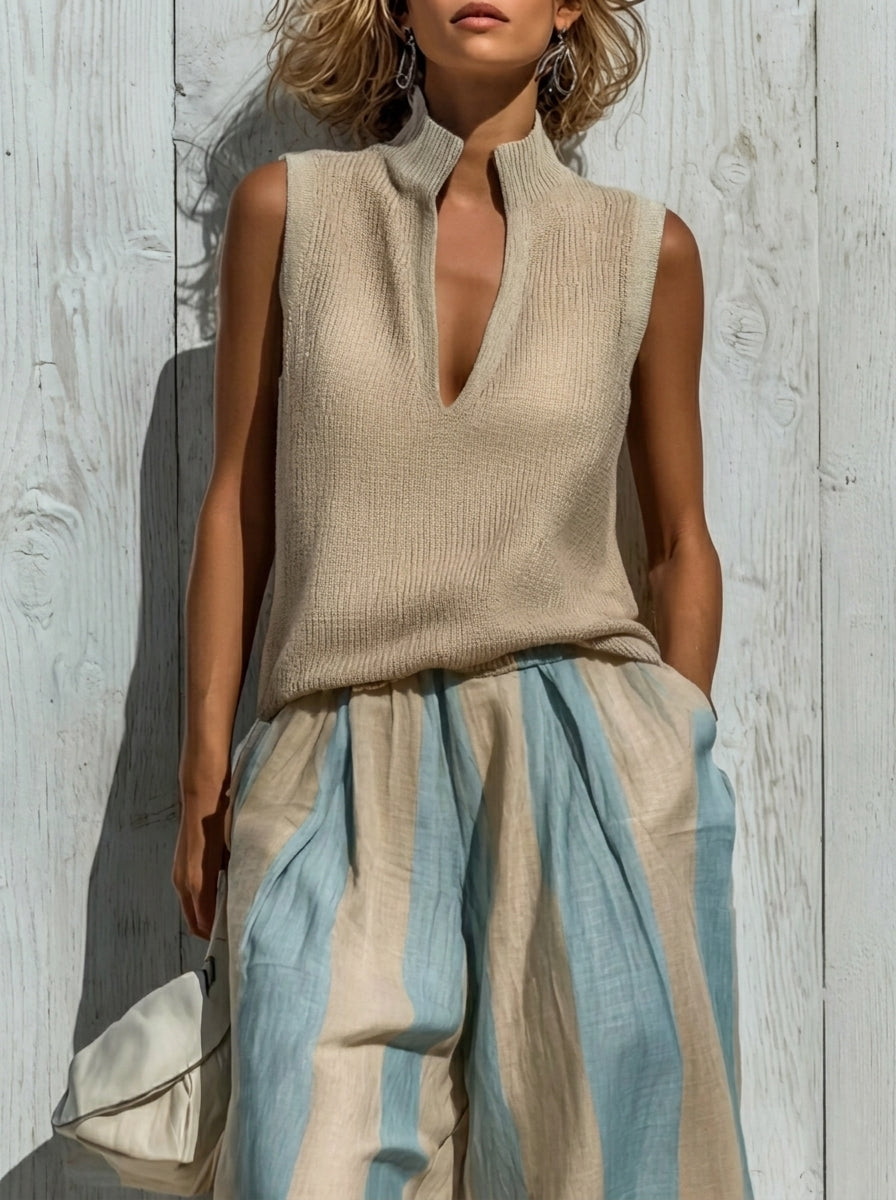 Sofía | Completo Elegante en Tessuto Fluido: Top y Pantaloni Palazzo a Righe