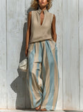 Sofía | Completo Elegante en Tessuto Fluido: Top y Pantaloni Palazzo a Righe