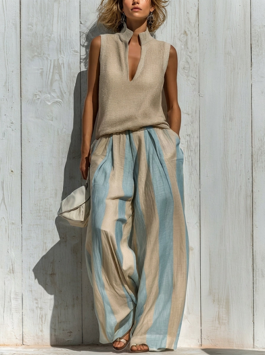 Sofía | Completo Elegante en Tessuto Fluido: Top y Pantaloni Palazzo a Righe