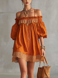 Serena | Miniabito marrone vintage con maniche a palloncino e pizzo
