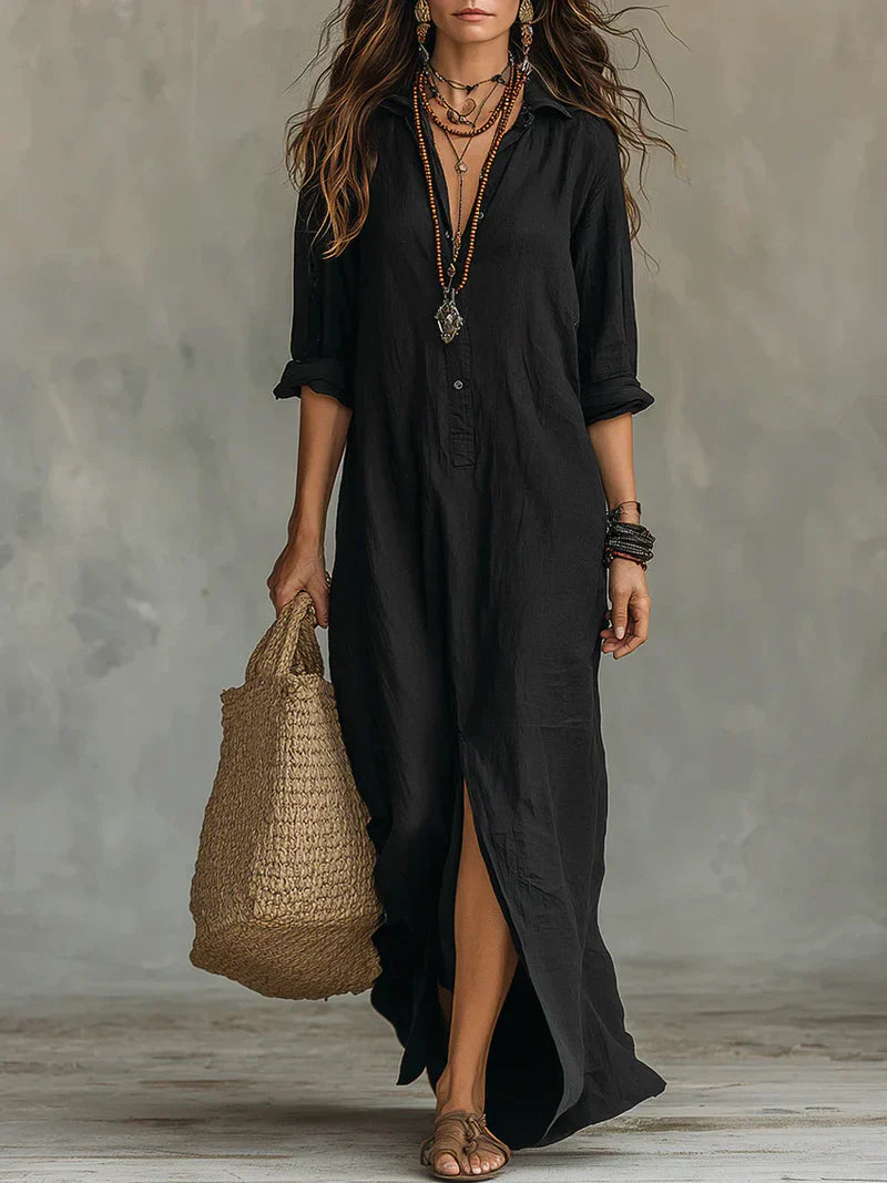 Céline™ | Abito lungo nero ampio con bottoni